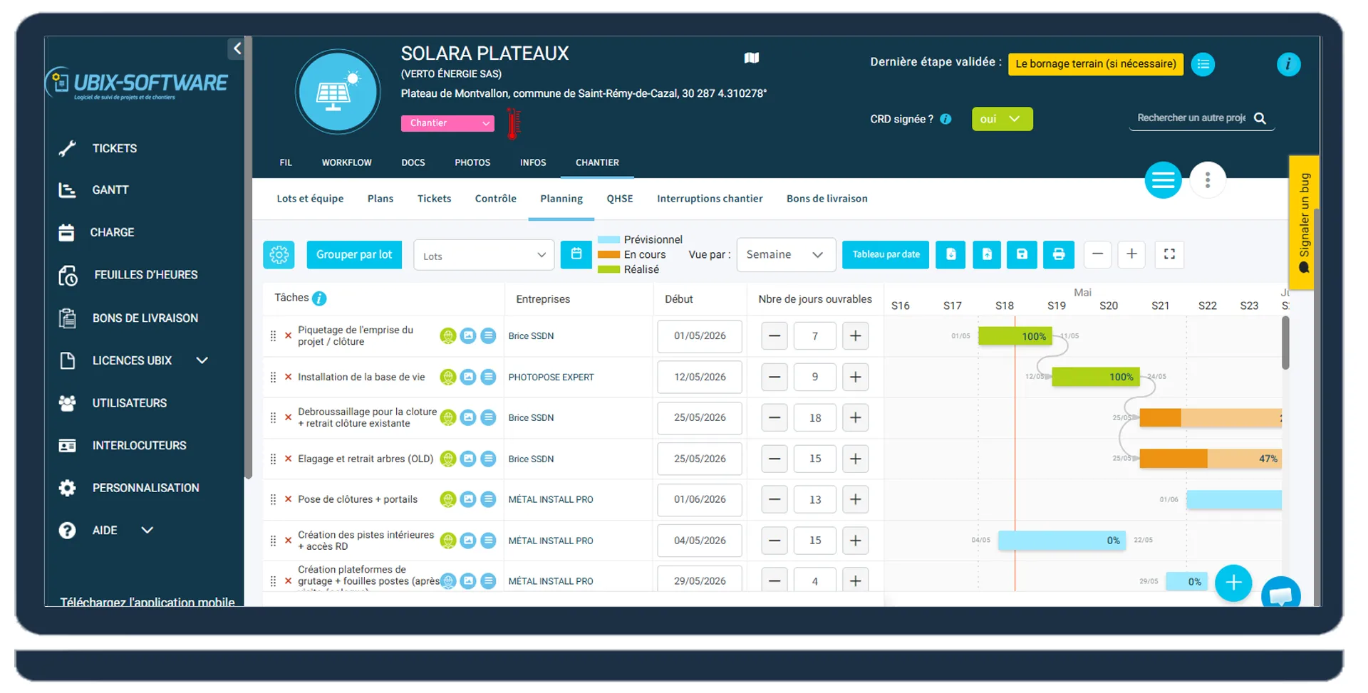 UBIX-SOFTWARE's Gantt software helps you clearly visualise the progress of the various tasks on your sites