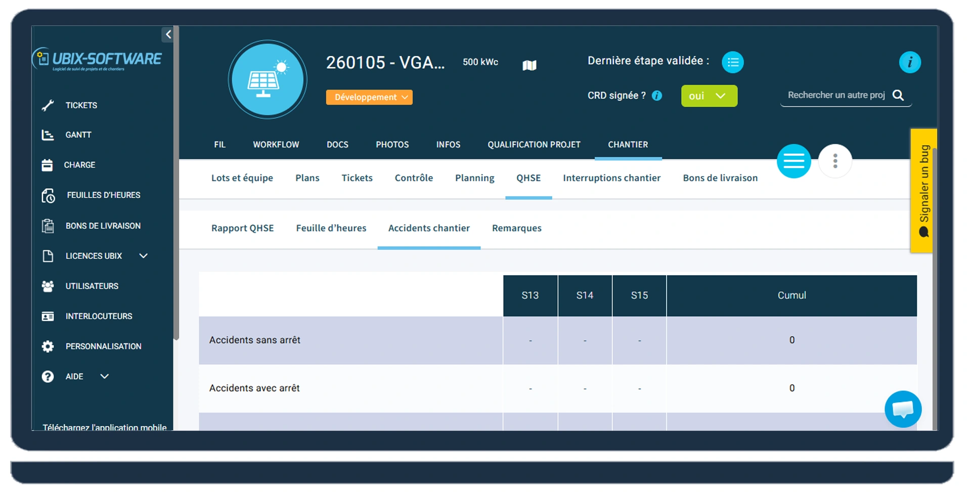 QHSE view in UBIX-SOFTWARE: checks, incidents and corrective actions